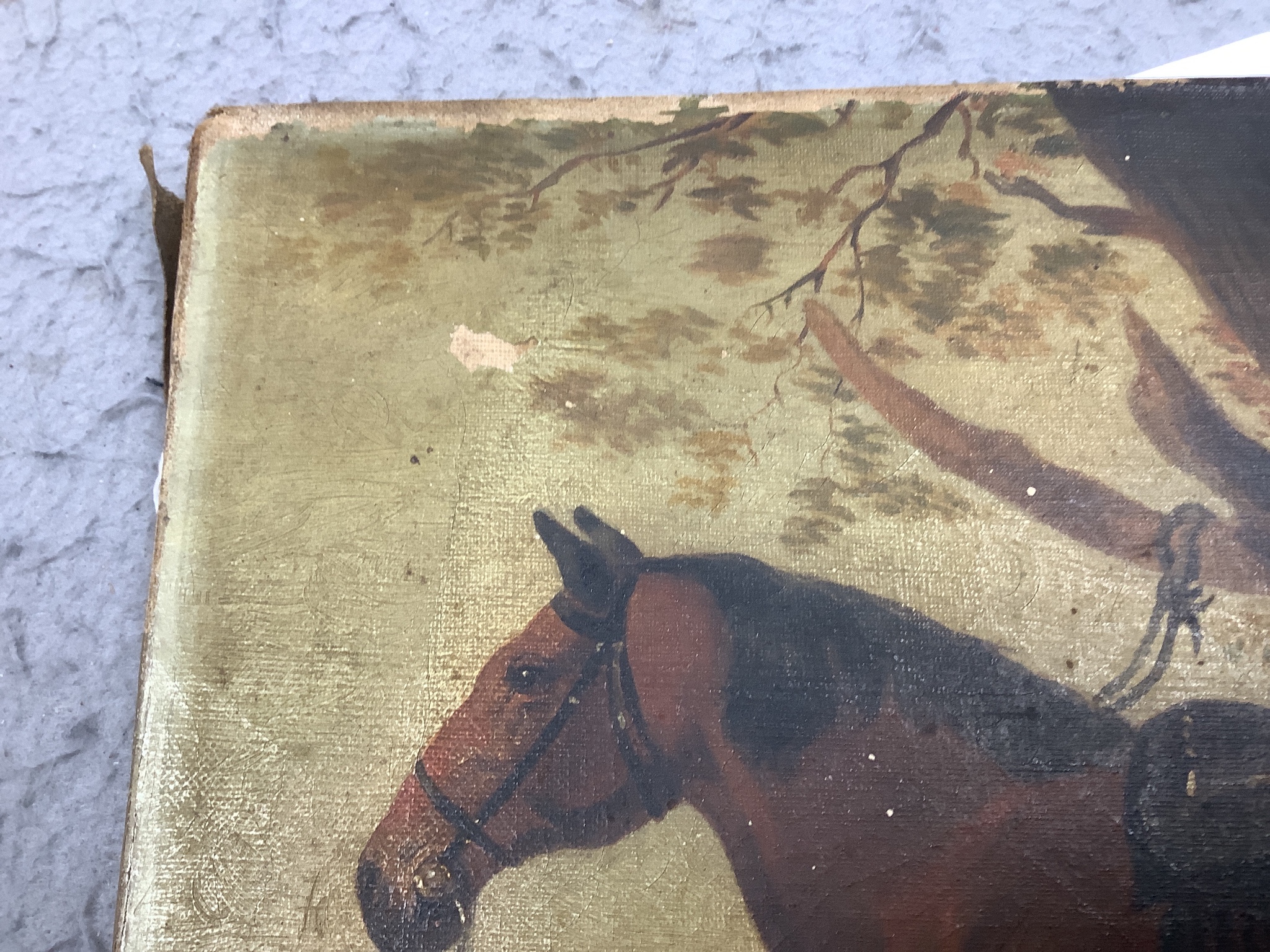 19th century English School, oil on canvas, Groom attending two horses, 30 x 41cm, unframed